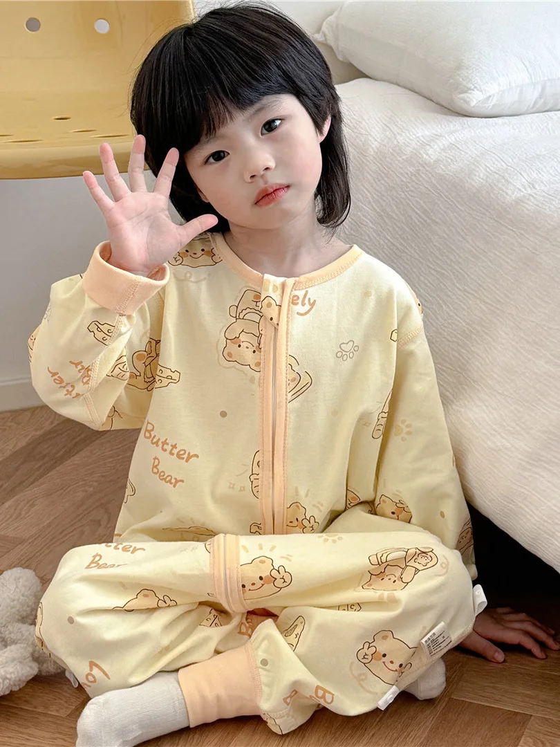 순면 아동 수면복 봄 다리 분리형 안티킥 싱글 레이어 롬퍼 홈웨어 사계절 따뜻한 잠옷