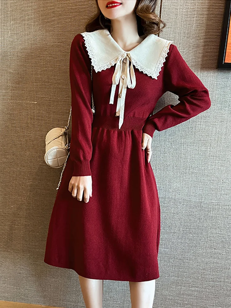 

New Autumn Winter Knitted Sweater Casual Dress France Fashion Women Sweet Bow Peter Pan Collar Long Sleeve A Line Dress Vestidos