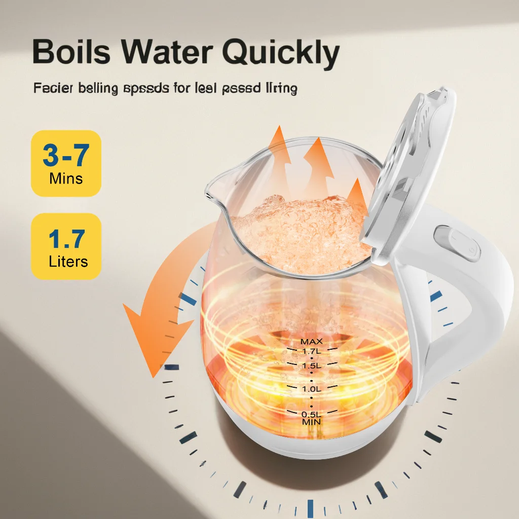 Electric Kettle with Water Dispenser - 1.7L Elegant Glass Tea Pot, 1200W Fast Boiling, LED Indicator, Auto-Shutoff 4