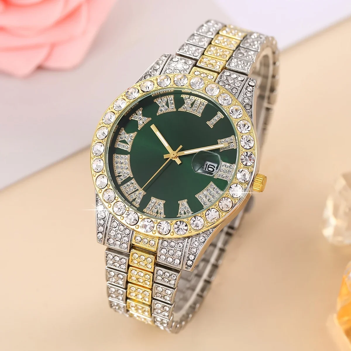 2pcs/set 1pc Men's Large Dial Artificial Rhinestone Watch Iced-Out Wrist Watch + 1pc Twist Chain Bracelet
