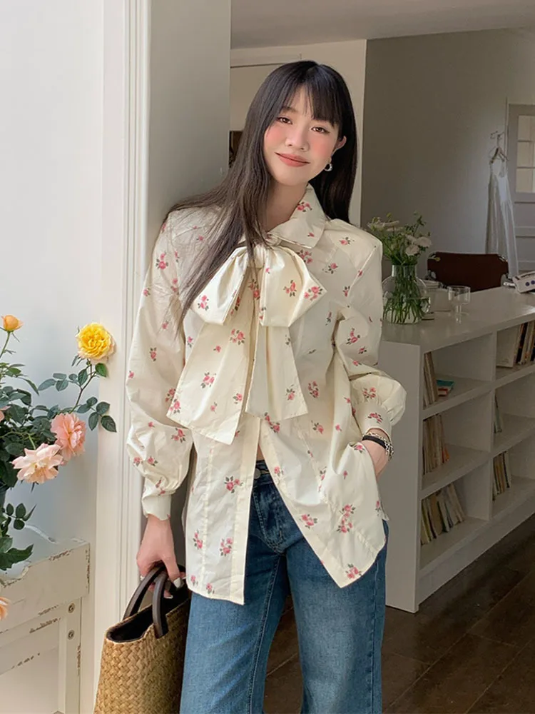 

Korea Women Shirts Vintage Printed Florals Office Lady 2024 Loose Camping Work Wear Spring Casual Full Sleeve