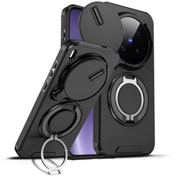Luxury Lens Rotating Slide Cover Phone Case with Magnetic Ring Holder and Magsafe Charging Compatibility for Vivo X300 Ultra (Black)