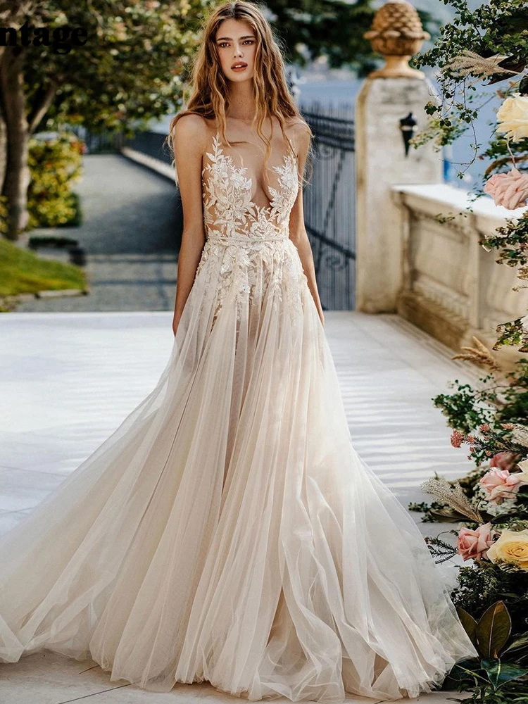 sexy boho wedding dresses Bohemian Vintage A-Line Lace Chiffon V-Neck Wedding Dress Elegant Beach Split Front Floor-Length Sleeveless Bridal Gown