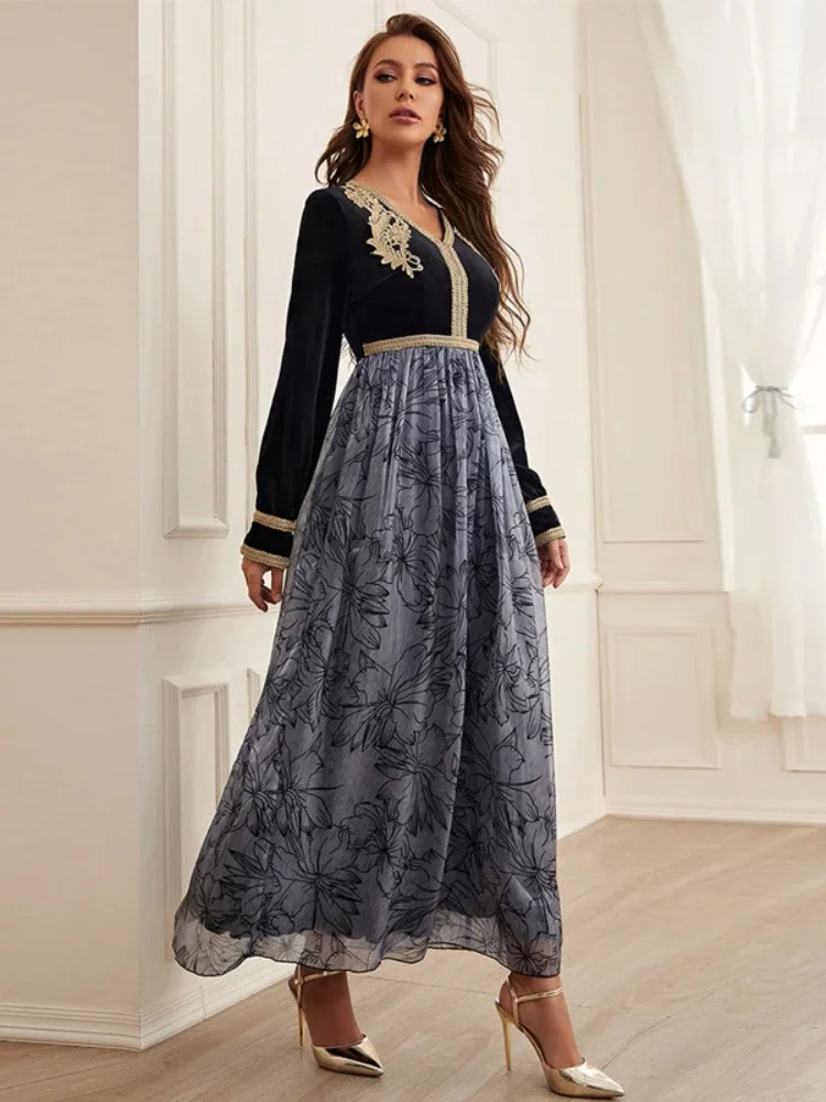 

Eid Muslim Dress for Women Abaya Long Sleeve V Neck Dubai Appliques Long Robe Party Dresses Gorgeous Vestidos Patchwork Abayas