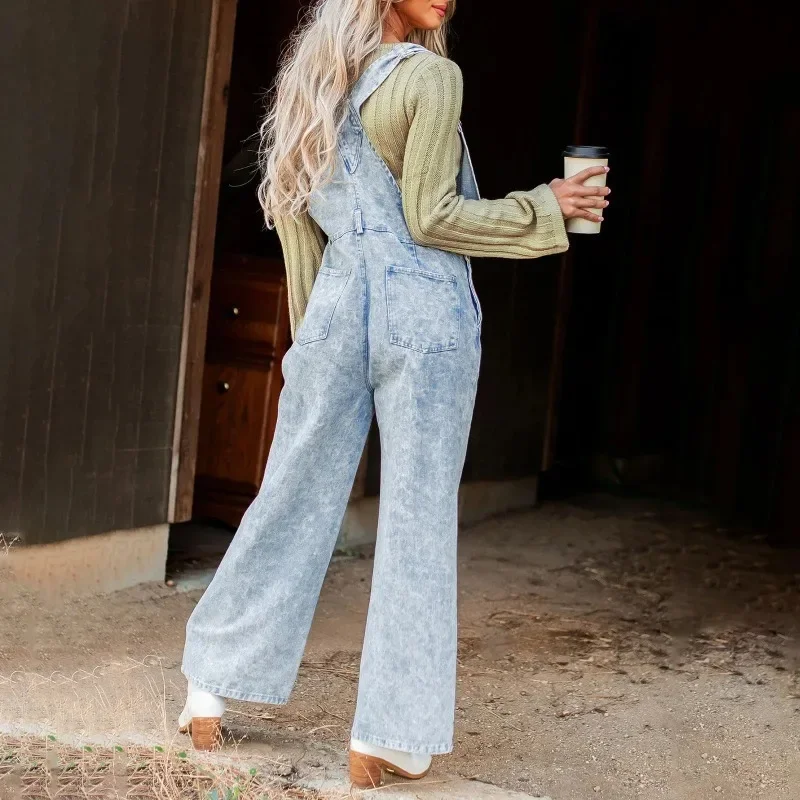 2024 New Fashion Women's Denim Retro Sleeveless Wide Leg Jumpsuit Casual Loose Pants with Pockets and Shoulder Straps YDL26