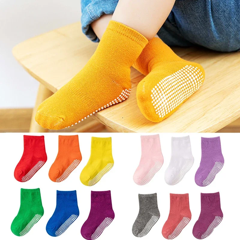 6 Pairs/Lot Spring Autumn Kids Anti-slip Socks Solid Color Soft Breathable Cotton Babys Boat Socks Boys GirlsTrampoline