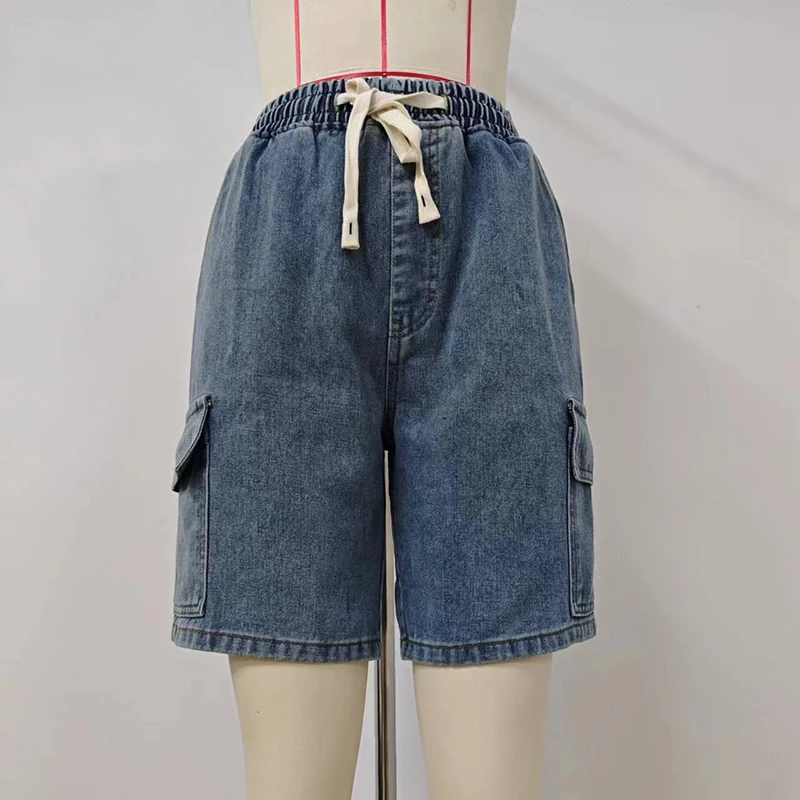 Women's Wide Leg Gradient Blue Retro Denim Shorts New Summer Female High Waist Loose Drawstring Short Jeans Streetwear Capris