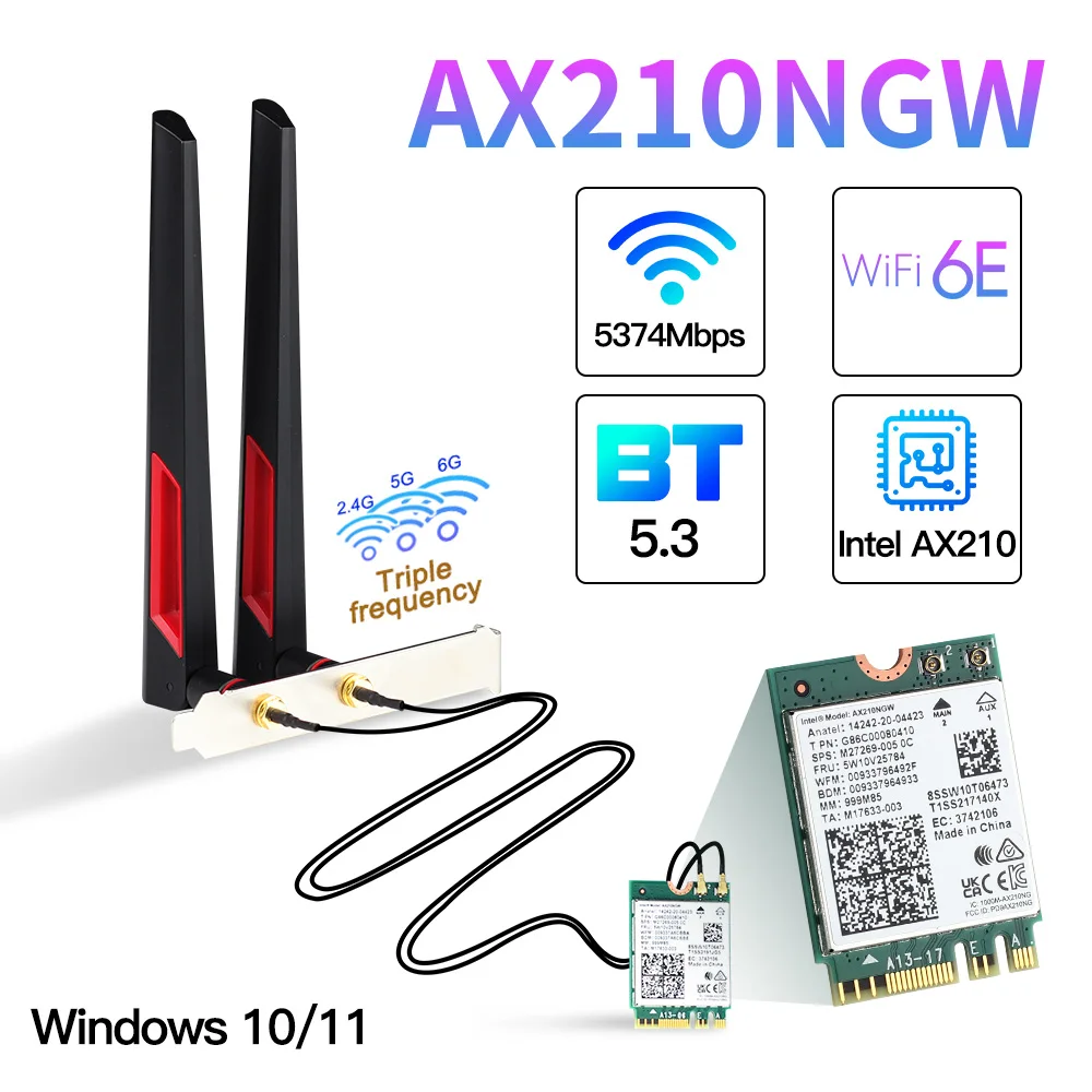 3000Mbps Wi-Fi 6E Intel AX210 Desktop Kit Dual Band 802.11AX 2.4G/5G/6Ghz Wi-fi adapter M.2 Bluetooth5.2 WiFi Card Network Win10