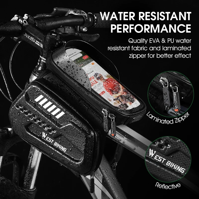 WEST BIKING 3 In 1 Bicycle Top Tube Bag Touch Screen Bike Phone Bag EVA Waterproof Reflective Cycling Frame Bag Bike Accessories