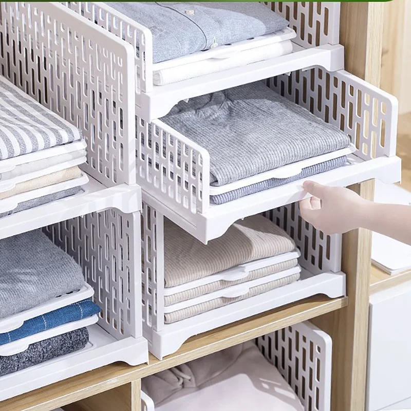 Stackable Wardrobe Drawer Cabinet Organizer Drawer Clothes Closet Storage Box Shelves Plastic Layered Partitions Storage Rack