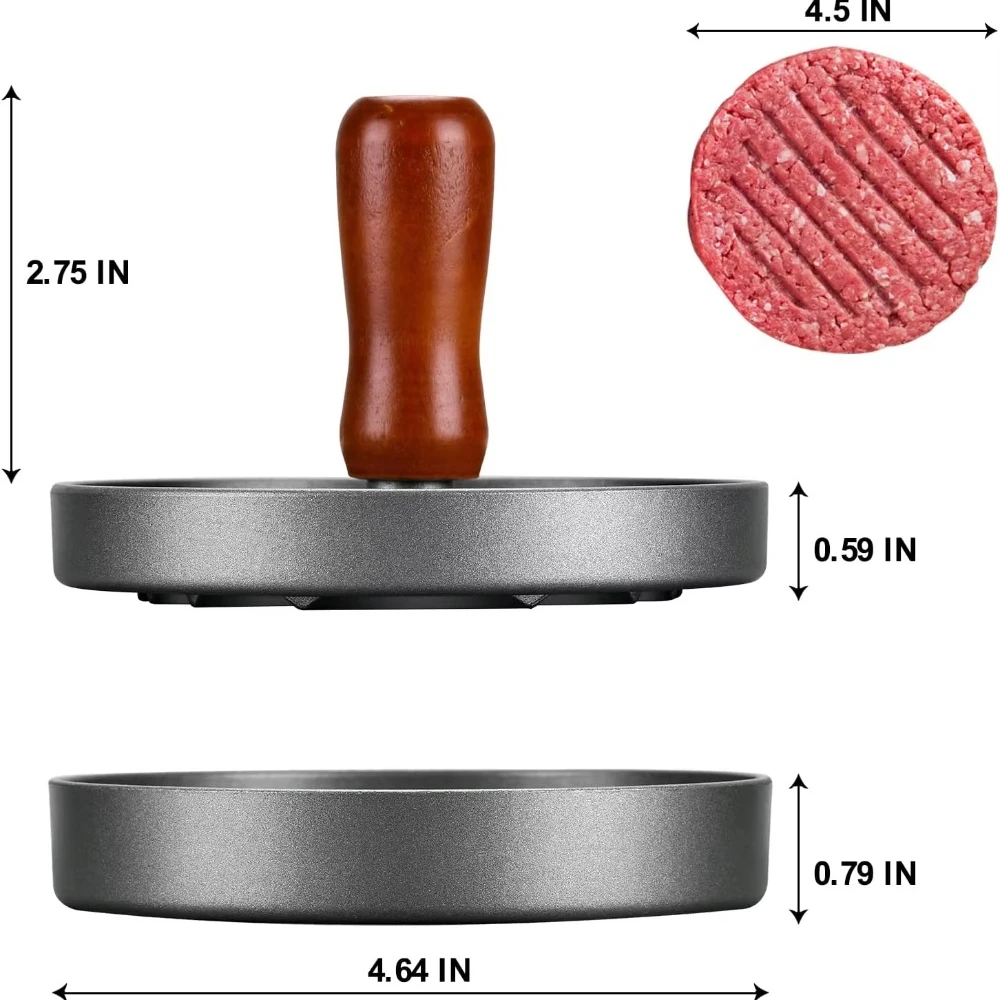 Stainless Steel Burger Patty Press Mold with Wooden Handle, Non-stick, Burger Fast Food Patty Making Molds