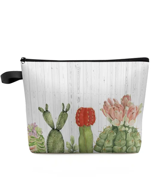Cactus Tropical Plant Wood Plank Texture Summer Style Makeup Bag Pouch Women Cosmetic Bags Organizer Storage Pencil Case