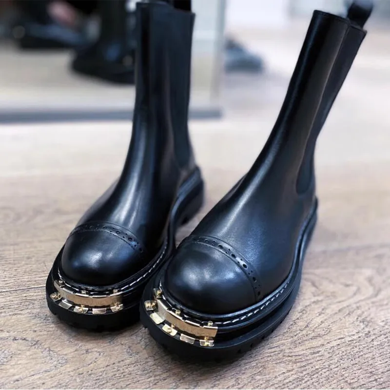 

Black Big Gold Teeth Toe Thick-Soled Mid-Calf Boots Woman Winter 2024 Slip-On Flat British Style Boots Shoes for Women