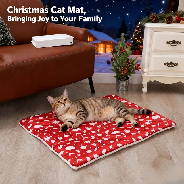 Christmas Thickened Pet Bed Mat - Cozy Red Cartoon Print Cat & Dog Bed, Durable Polyester for Pets, Holiday Home Decor, Pet Bed 3