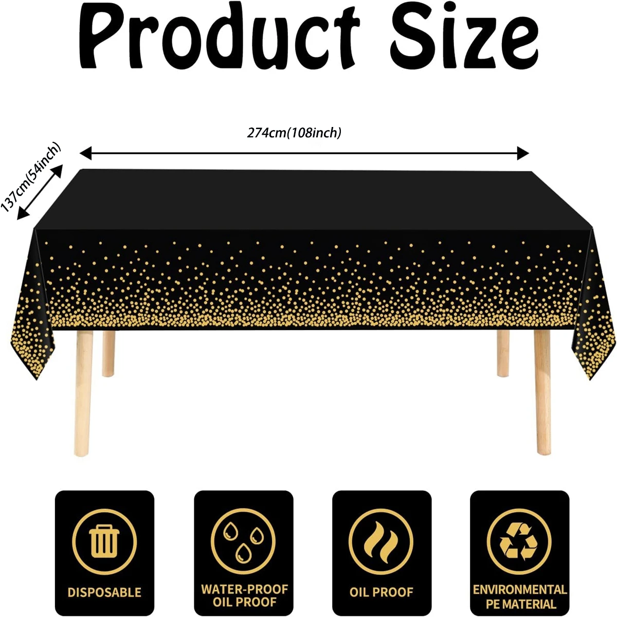 Disposable Tablecloth 137x274cm Disposable Rectangle Gold Dot Waterproof Party Table Covers for Birthday Wedding Party Decorations