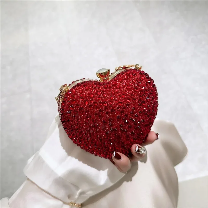 Diamond Inlay Heart Shape Crystal Clutch Purse Stones Evening Wedding Party Shoulder Bags Handle Rhinestone Mini Handbags