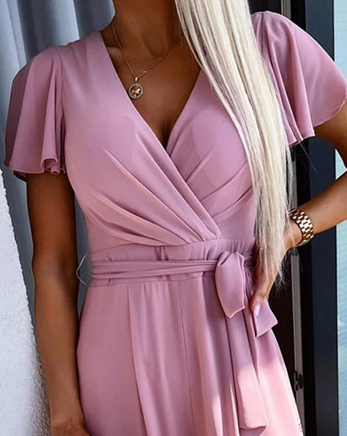 Women's Solid Jumpsuit 2024 Spring/summer Latest Casual Sexy Style V-Neck Short Sleeved Ruched Tie Detail Daily Romper Bodysuit