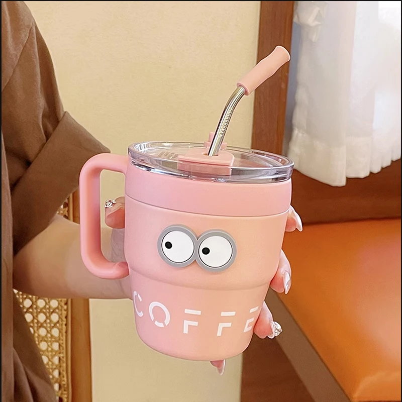 Kawaii Coffee Thermos Cute Stainless Steel Thermal Cup Mug With Straw For  Hot Cold Coffee Water Tea Milk Travel Tumbler 480ml - AliExpress