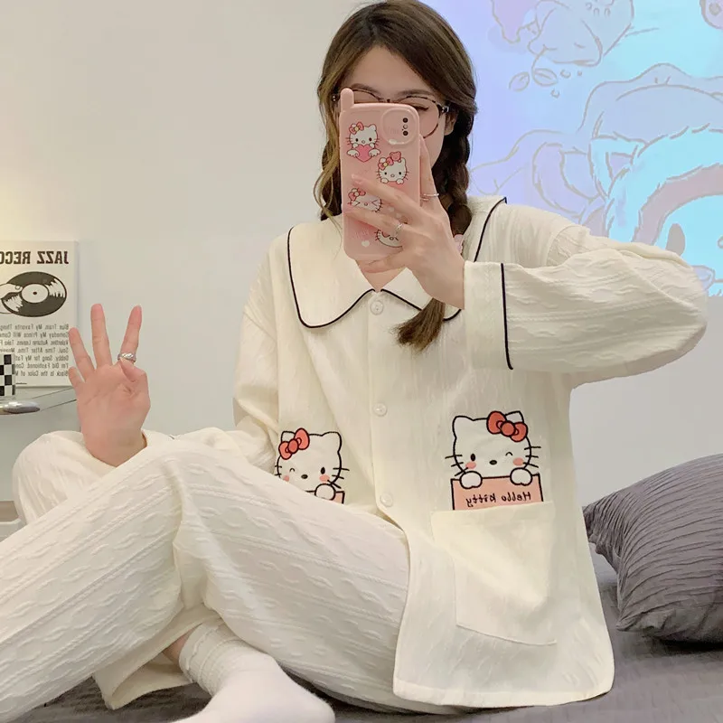 

Sanrio Hello Kitty Pajamas Miss Spring and Autumn Jacquard Knitted Cotton Long Sleeves Trousers Suit Cardigan Loose Cool Leisure