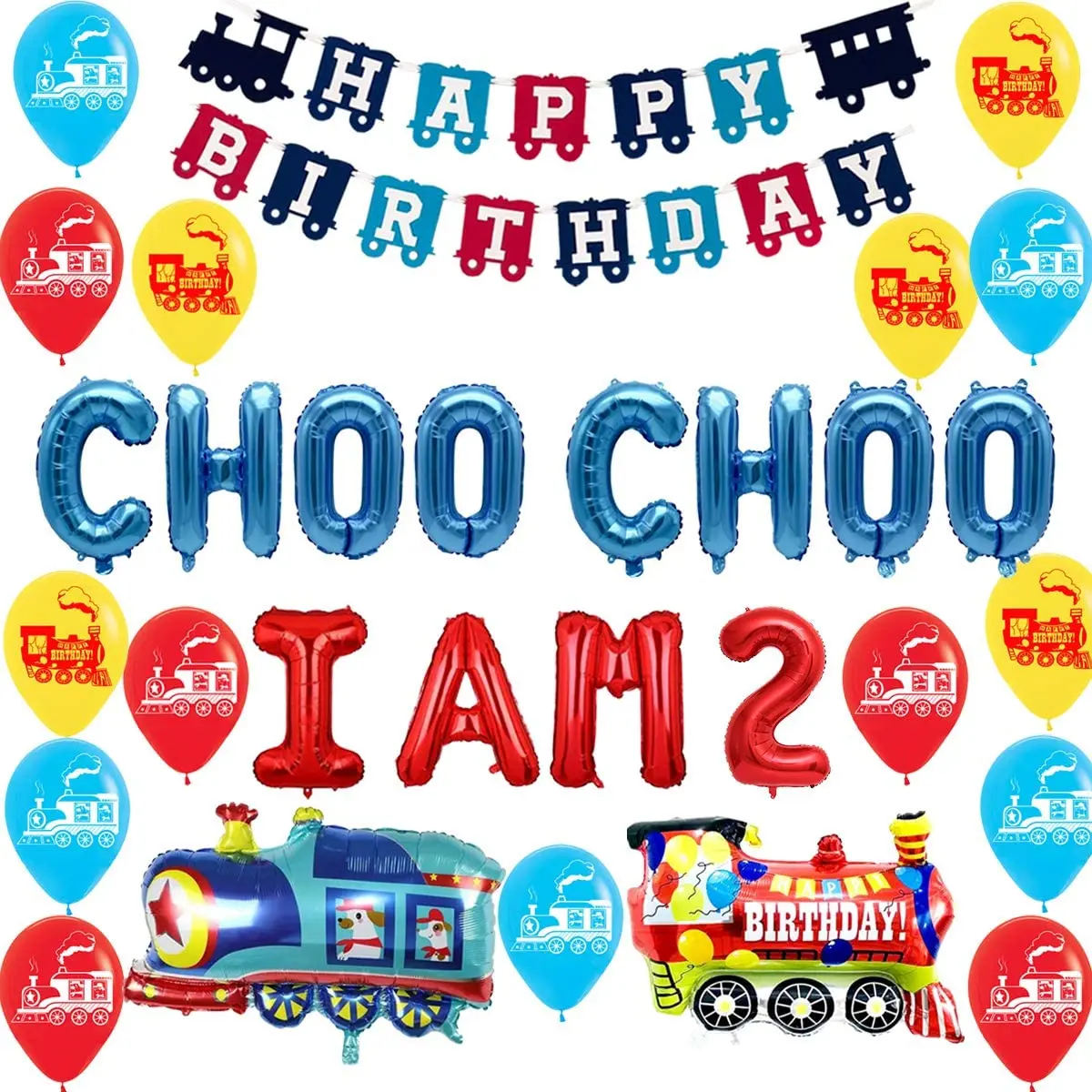

Train 2nd Birthday Party Decorations Supplies, 2 Year Old Boy, Choo Choo Im, Two Balloons Banner for Chugga Chugga Two Railroad