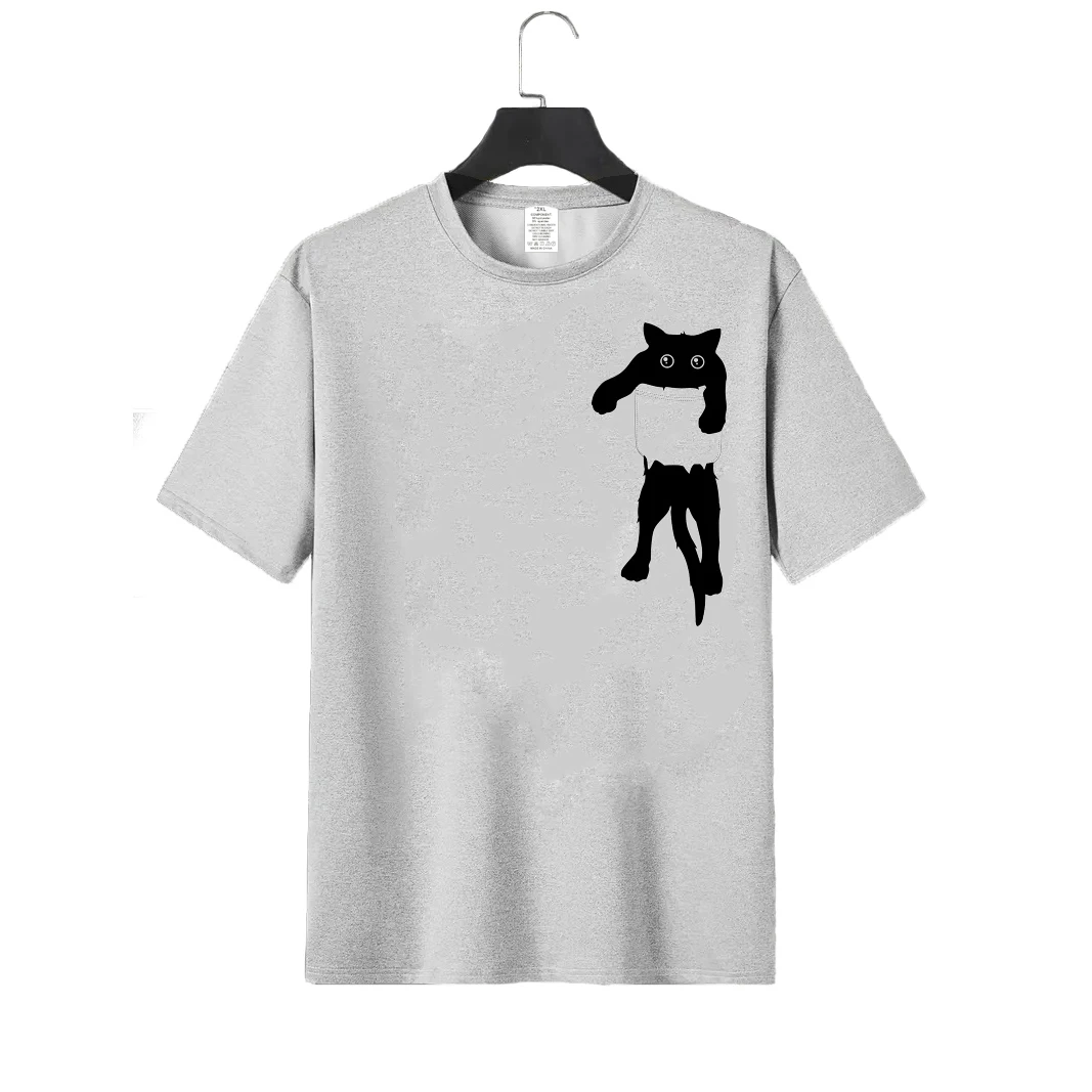 

Fashion Mens T-shirt Hang loose black cat pocket art print Short-sleeve Man oversized t-shirt 4Colors clothing plus size Tops