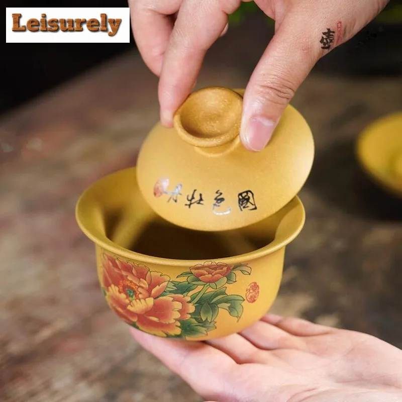 170ml Yixing Purple Clay Peony Pattern Gaiwan Luxury Tea Tureen Tea Bowl With Lid Kit Tea Maker Cover Bowl Kung Fu Tea Set Craft