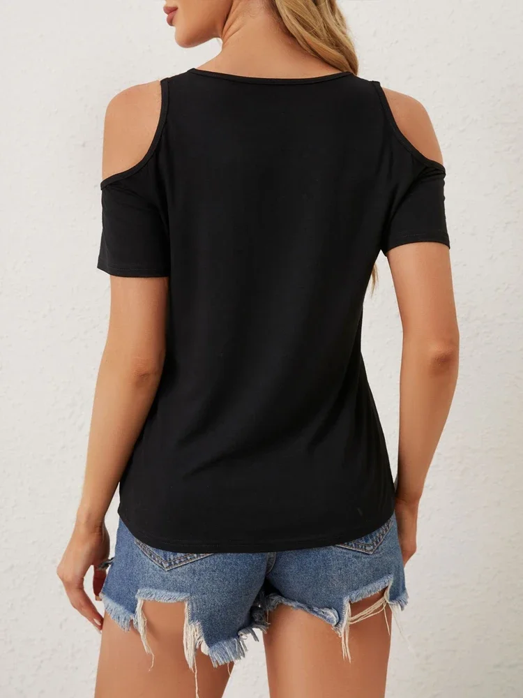 Fashion New Spring and Summer Women's V-neck Applique Cut-out Short-sleeved Blouse Solid Color Sexy Off-the-shoulder Casual Top