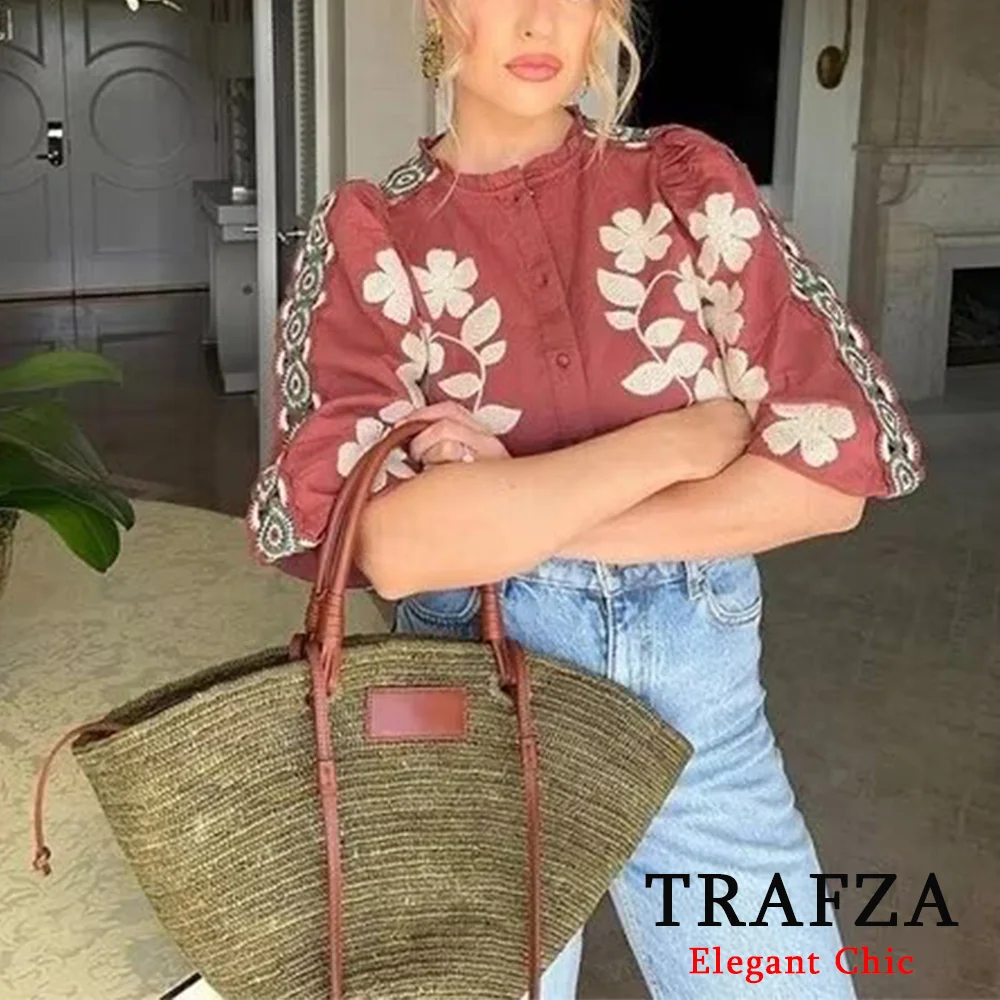 TRAFZA 여성용 우아한 캐주얼 프린트 블라우스, 프릴 넥 버튼 블라우스 탑, 레트로 블라우스 탑, 2024 여름 신상