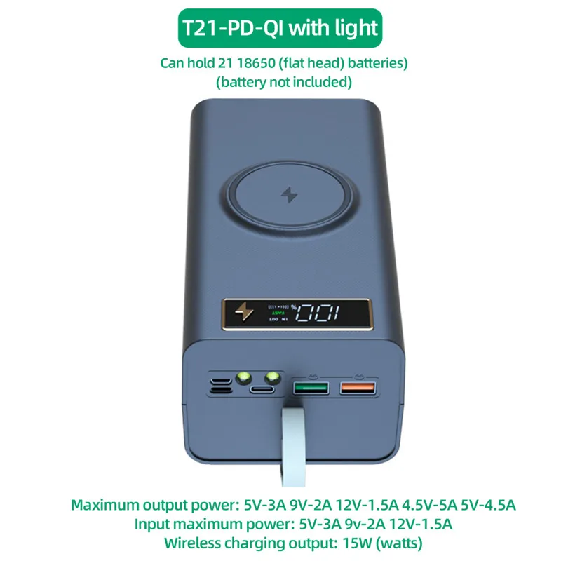 듀얼 USB 18650 배터리 보관 박스, 손전등 파워 뱅크 케이스, T21 배터리 홀더 박스, 21*18650 배터리, DIY 쉘 보관 정리