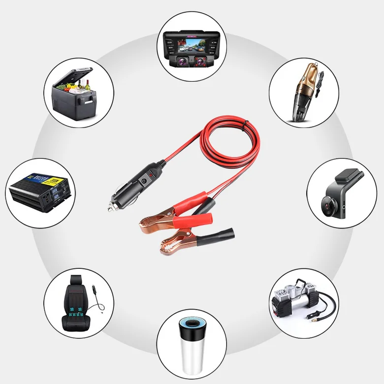 Car Cigar Lighter Seat 12V-24V Male Plug Cigarette Lighter Socket Adapter Power Cord Alligator Clip Battery with Extension 20A Fuse LED Indicator