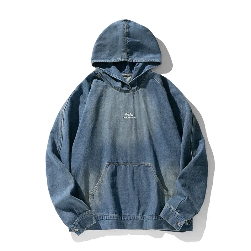 Vintage Denim Hoodie Loose Pullover Black Hooded Women's Denim Jacket Mens Harajuku Oversized Hip Hop Streetwear Y2K Clothing