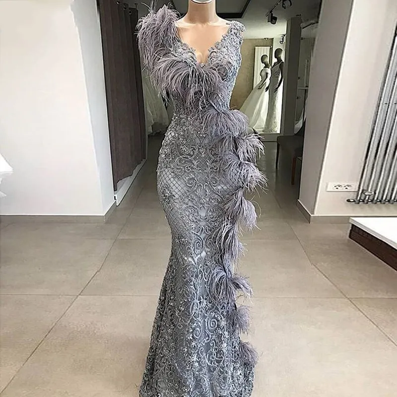 Evening Dresses Dubai Evening Dresses Ostrich Shoulder vestido de fiesta de boda Arabian Long Evening Dress Grey Applique vestidos formales formal dresses & gowns Evening Dresses