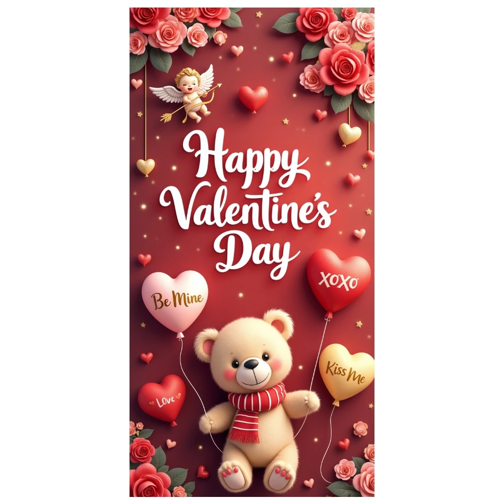 דגל יום האהבה עם נושא אדום, קישוט ורדים, תצוגת לב בלון רקע ליום האהבה הרומנטי, חגיגת זוגות