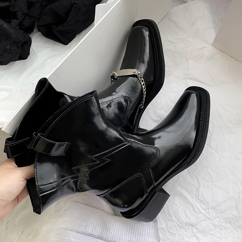

Metal Buckle Ruffle Knight Boots Patent Leather Slip On Low Heel Chelsea Botines Square Toe Botas Femininas Women Shoes Zapato