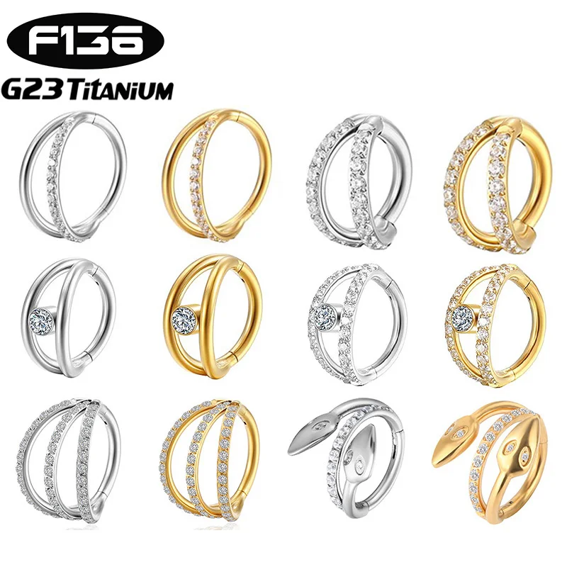 Piercing Jewelry 1PC G23 Titanium Piercing Clicker Nose Ring Septum Double Layered Hinged Zircon Helix Conch Cartilage Earrings