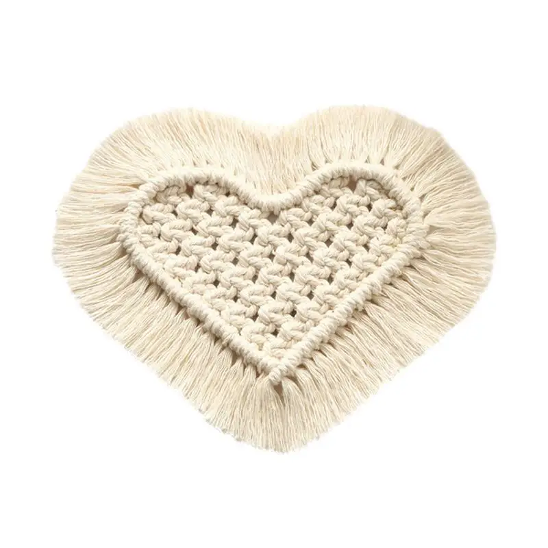 

1PC Bohemian Braided Coasters Woven Heart Shape Cup Mat With Tassels Water Absorption Heat Resistance Cup Coaster