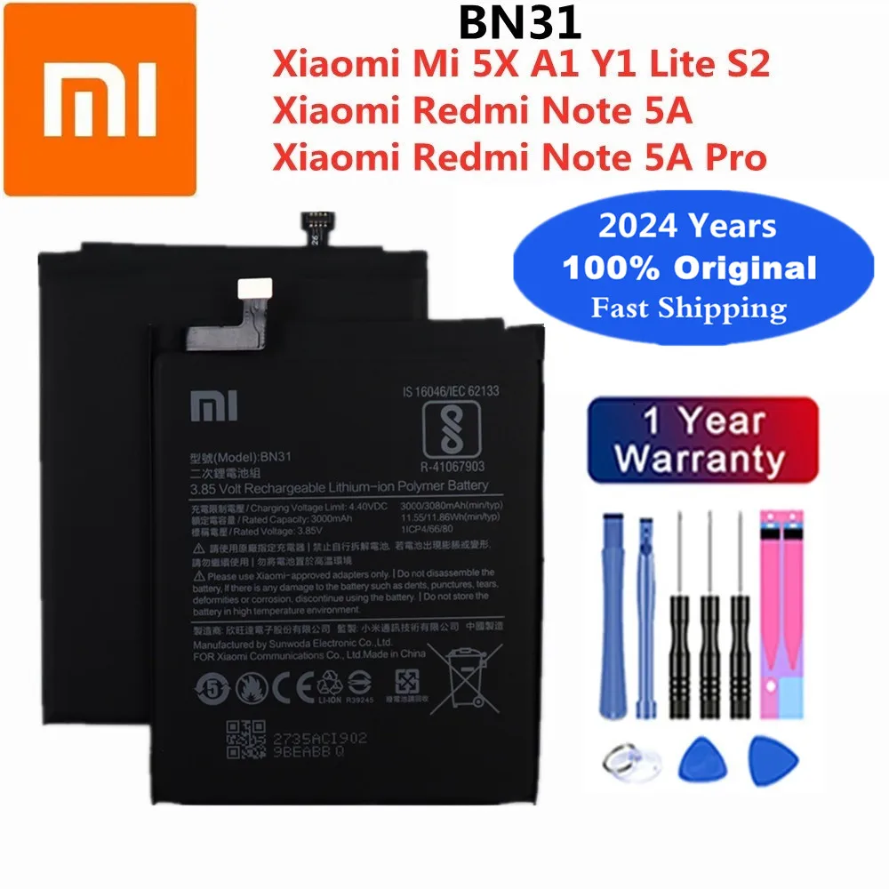 Аккумулятор BN31 для Xiaomi Redmi Note 5A / 5A Pro Mi 5X Mi5X A1 MiA1 Redmi Y1 Lite S2 2024 мАч, аккумулятор для телефона, 3000 лет, оригинал