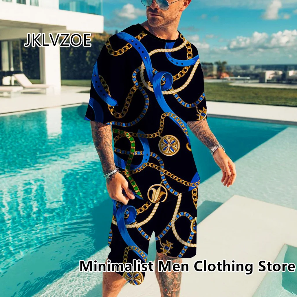 Men’s Set Luxury 3D Tracksuit Summer Vintage Gold High-End Print TShirt Shorts Suit 2 Piece Outfit Street Men Oversized Clothing