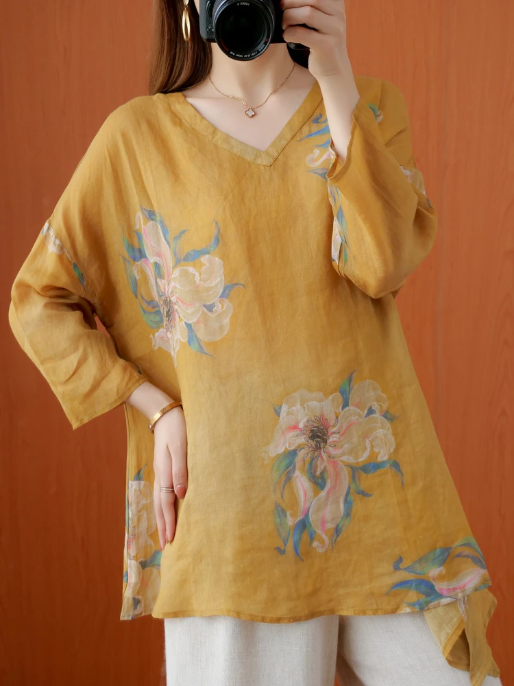 

Retro Printed Blouse Fashion 2022 Shegifts Casual Flower Mid Sleeve Top Loose Shirt Beach Summer Party Top Femininas