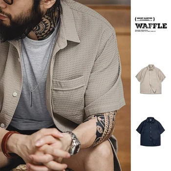 Summer Men's Waffle Short Sleeve Cargo Shirts 2025 New Casual Retro Breathable Lapel Blouse Y2K Vintage Streetwear Tee Shirt 1