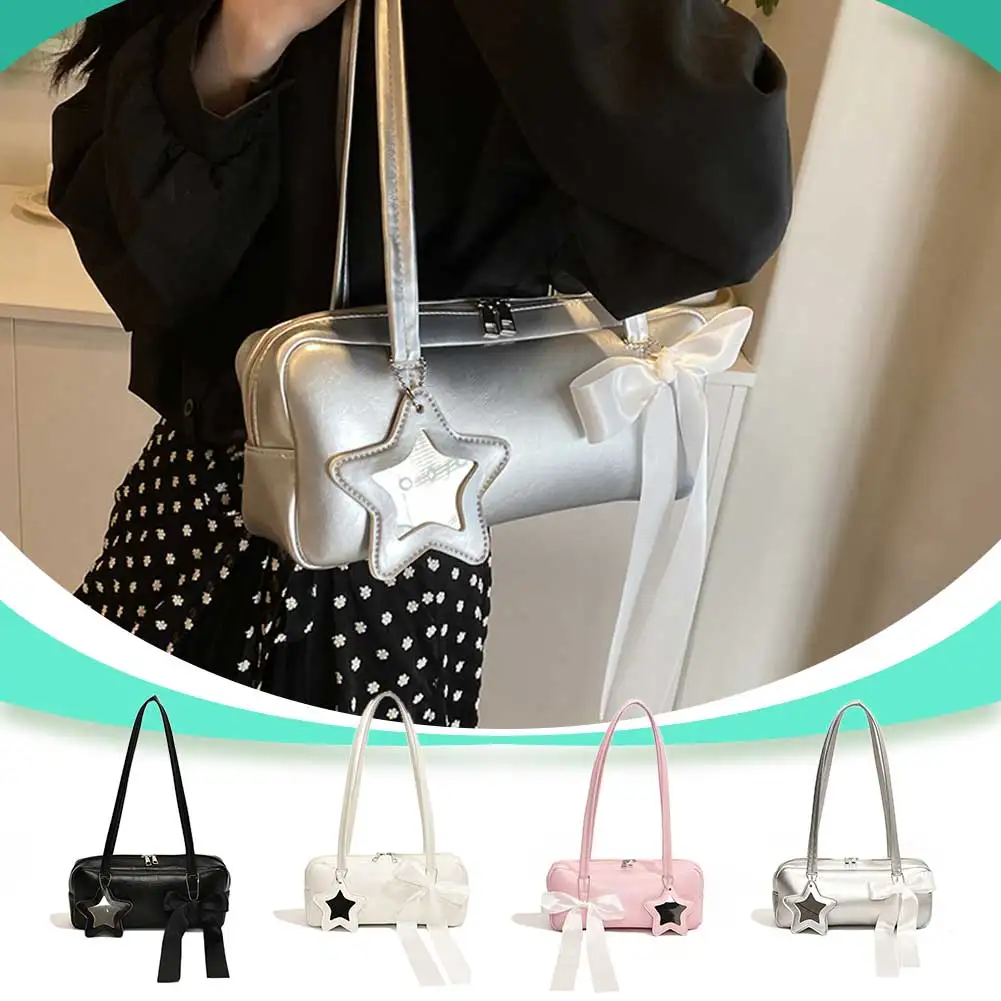 Women Casual Tote Handbag with Star Pendant Leisure Armpit Handbag PU Leather Bow Underarm Handbag Girls Outdoor Daily Bag 2