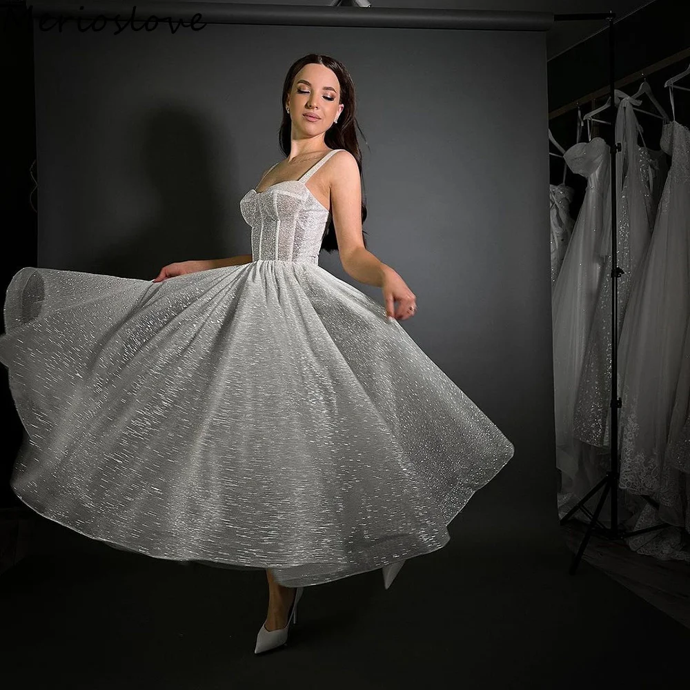

Merioslove Glitter Short Wedding Dresses Sweetheart Spaghetti Straps A-Line Shiny Bridal Gowns Sparkly Bride Dress 2024