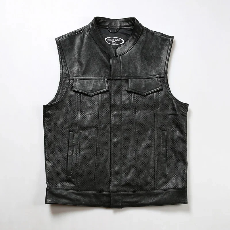 

Support customized stand-up collar mesh eyelid undershirt leather men's multi-pocket club biker cycling cowhide vest