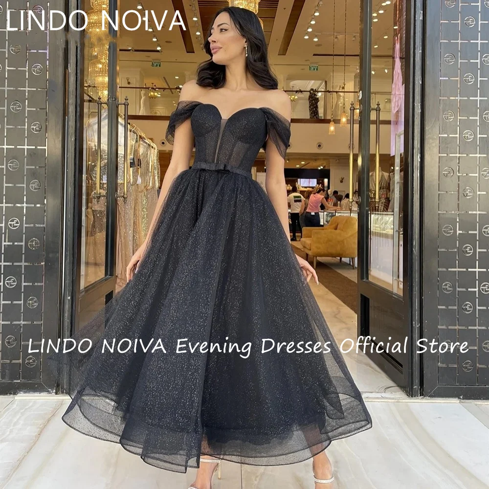 

Off The Shoulder Black Prom Dresses 2023 Sweetheart Tea-Length A-Line Sparkly Tulle Party Evening Gowns Glitter vestido de noite
