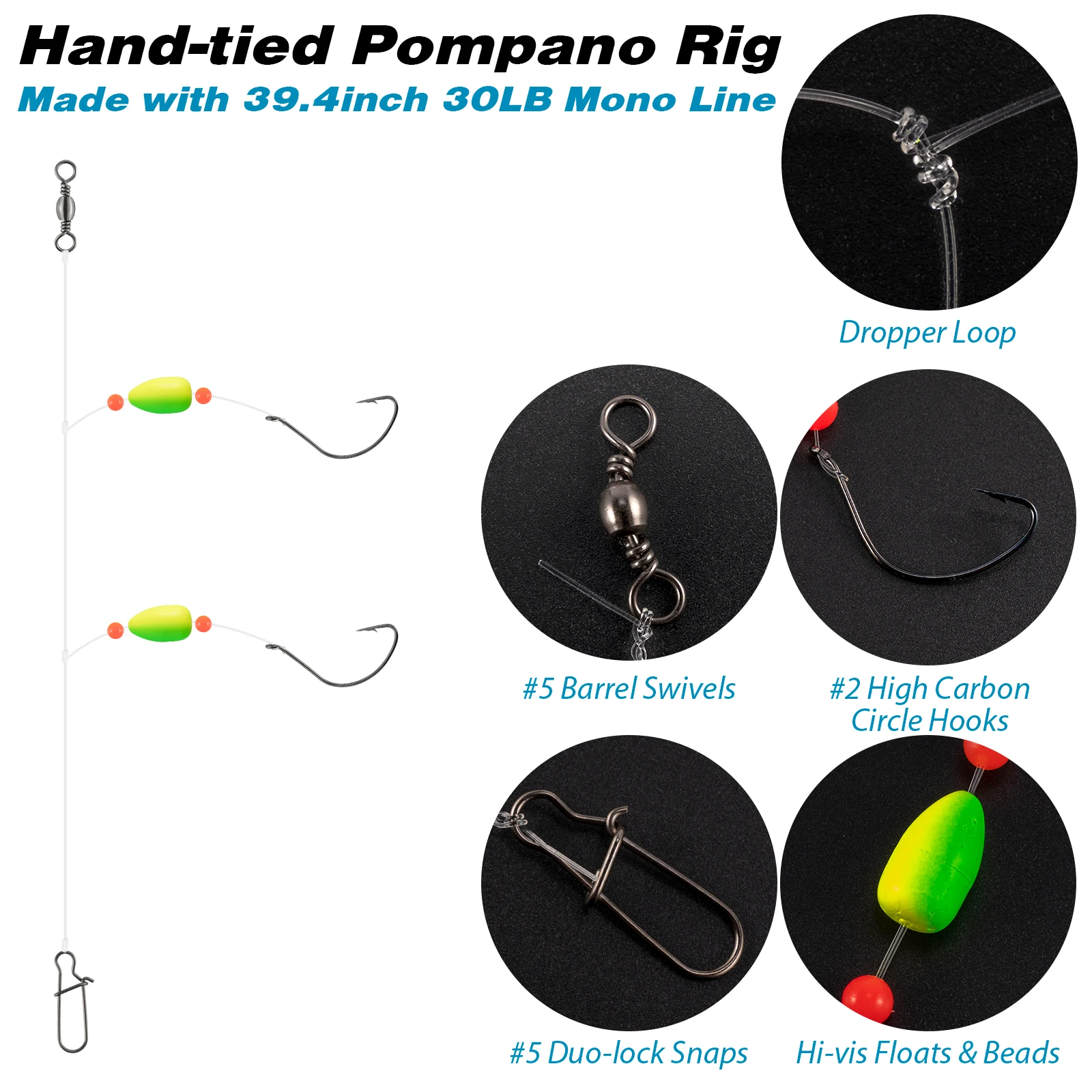 5pcs Pompano Rig Surf Fishing Rig with Snell Float Saltwater Live Bait Rig  Fishing Swivel Snap Hook Surf Casting Offshore