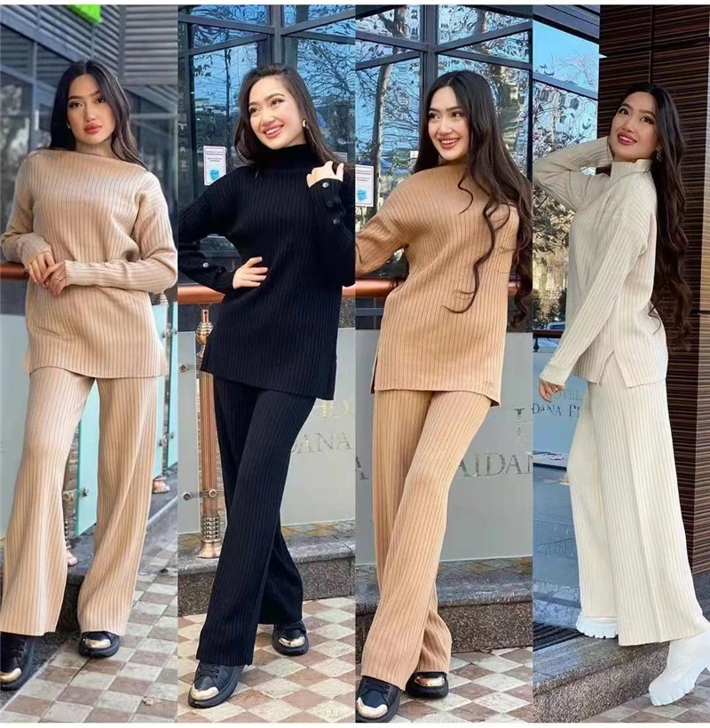 Women Spring Autumn Knitted 2 Piece Set Casual Tracksuit Long Sleeve Sweater And Wide Leg Jogging Pants Pullover Suits pant suits for older ladies