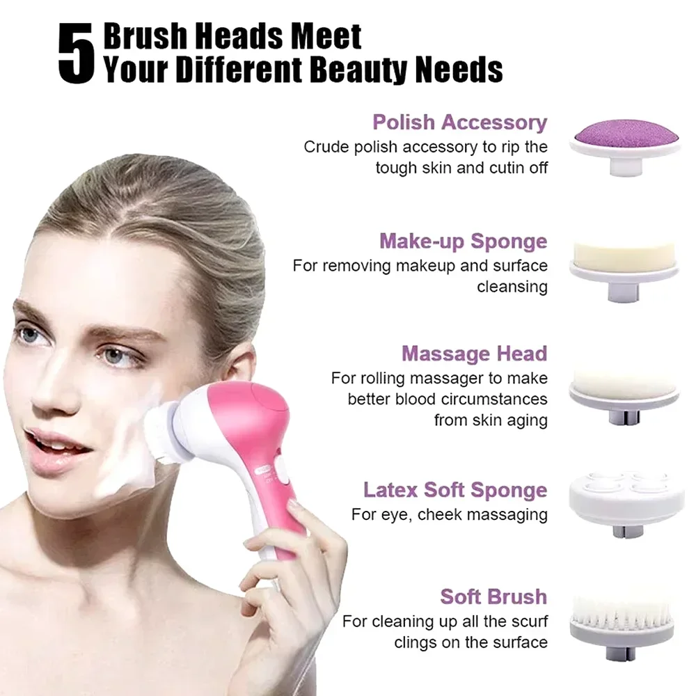 Electric 5-in-1 Exfoliating Facial Cleansing Brush Spa Skin Care Massage Pore Cleanser Beauty Treatment Tool