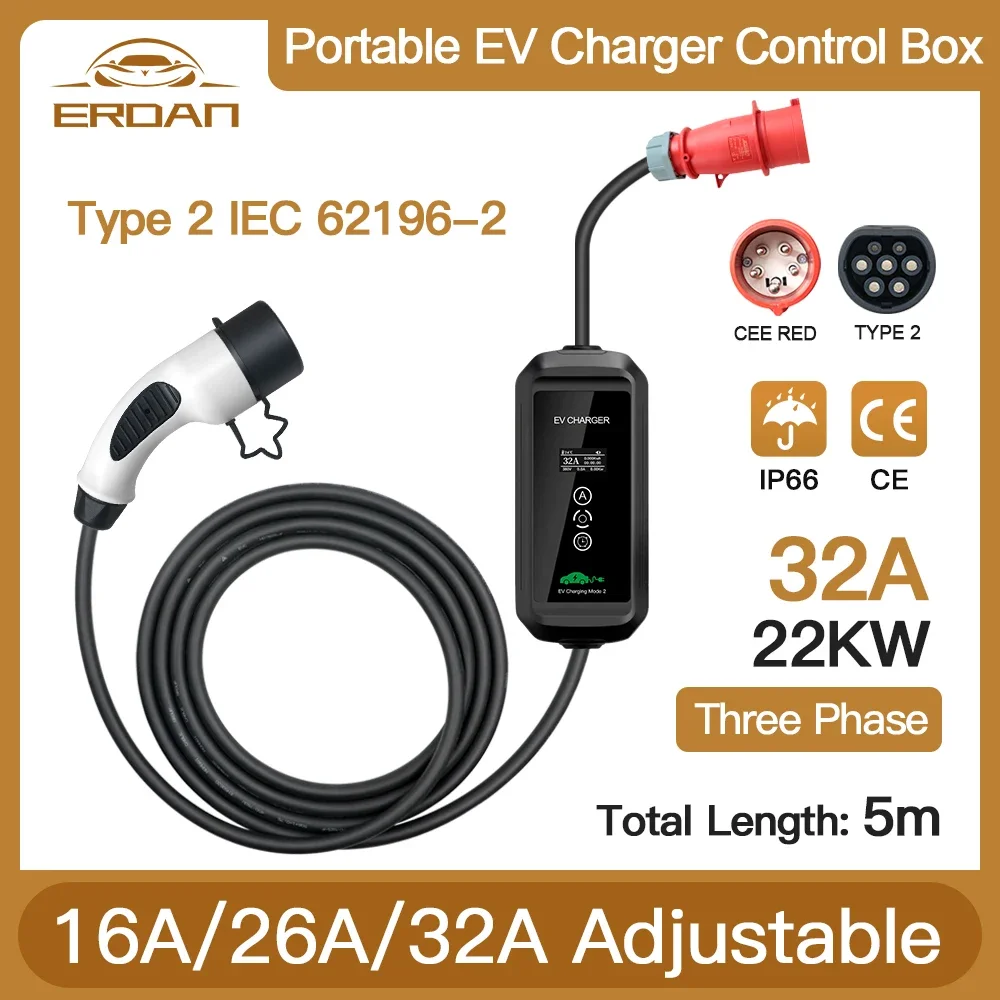 Erdan Corrente Regolabile 22Kw Tipo 2 Caricatore Ev 32A Iec 62196-2 Cavo Di Ricarica Wallbox Per Veicoli Elettrici