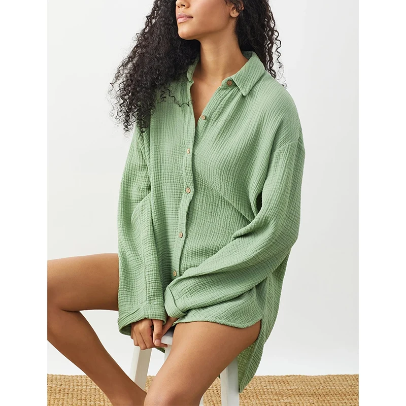 Casual100CottonGauzeMuslinWomenSShirtsButtonUpLongSleeve