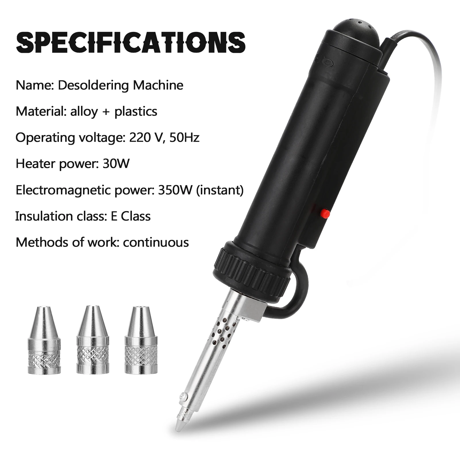 Pompe à dessouder électrique portable automatique avec accessoires de nettoyage et câble d'alimentation.